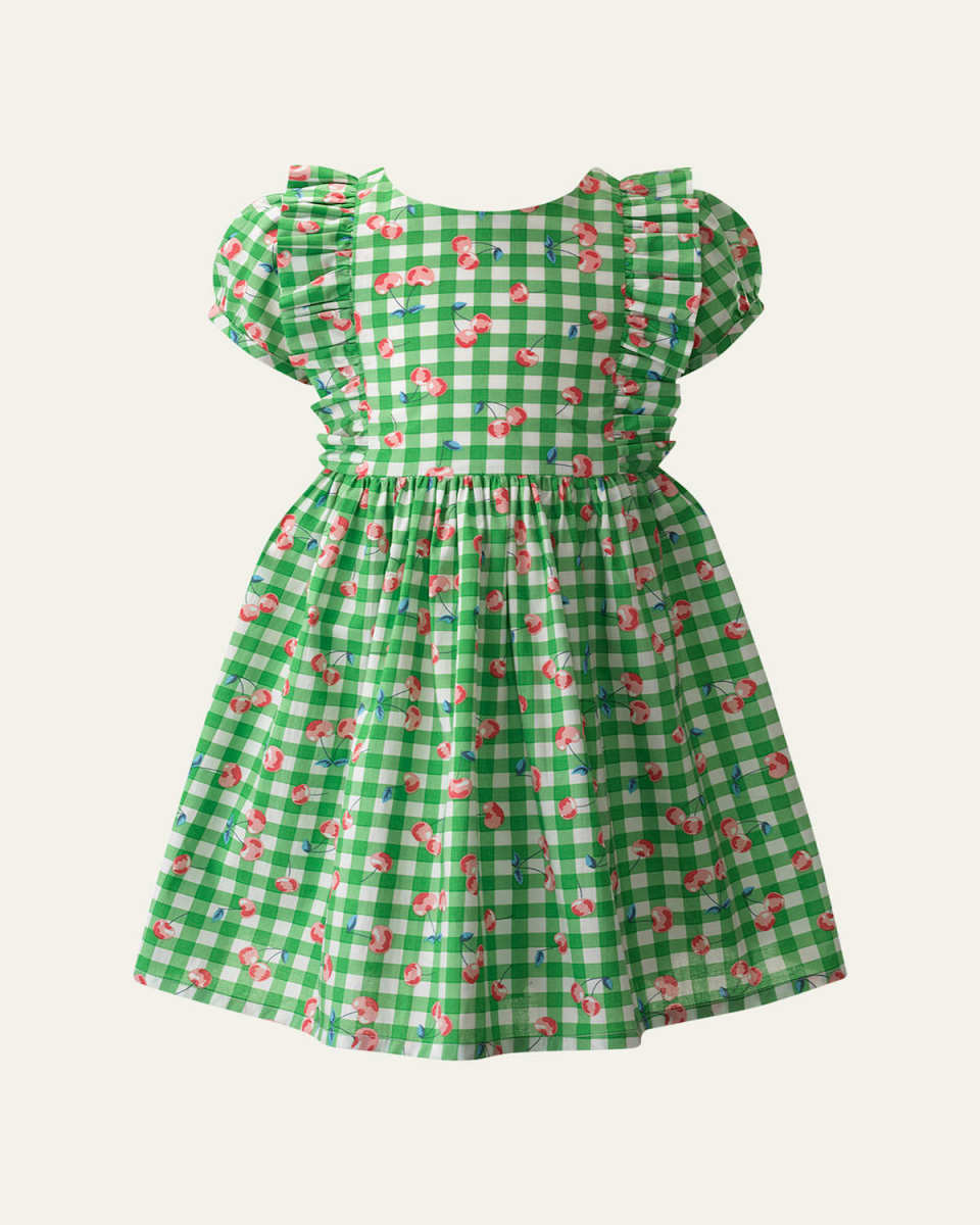 Girl's Cherry Check Puff-Sleeve Dress, Size 2-10